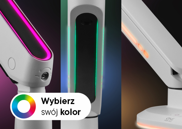 Podświetlenie RGB w podstawie i ramionach białego uchwytu gamingowego DM8220